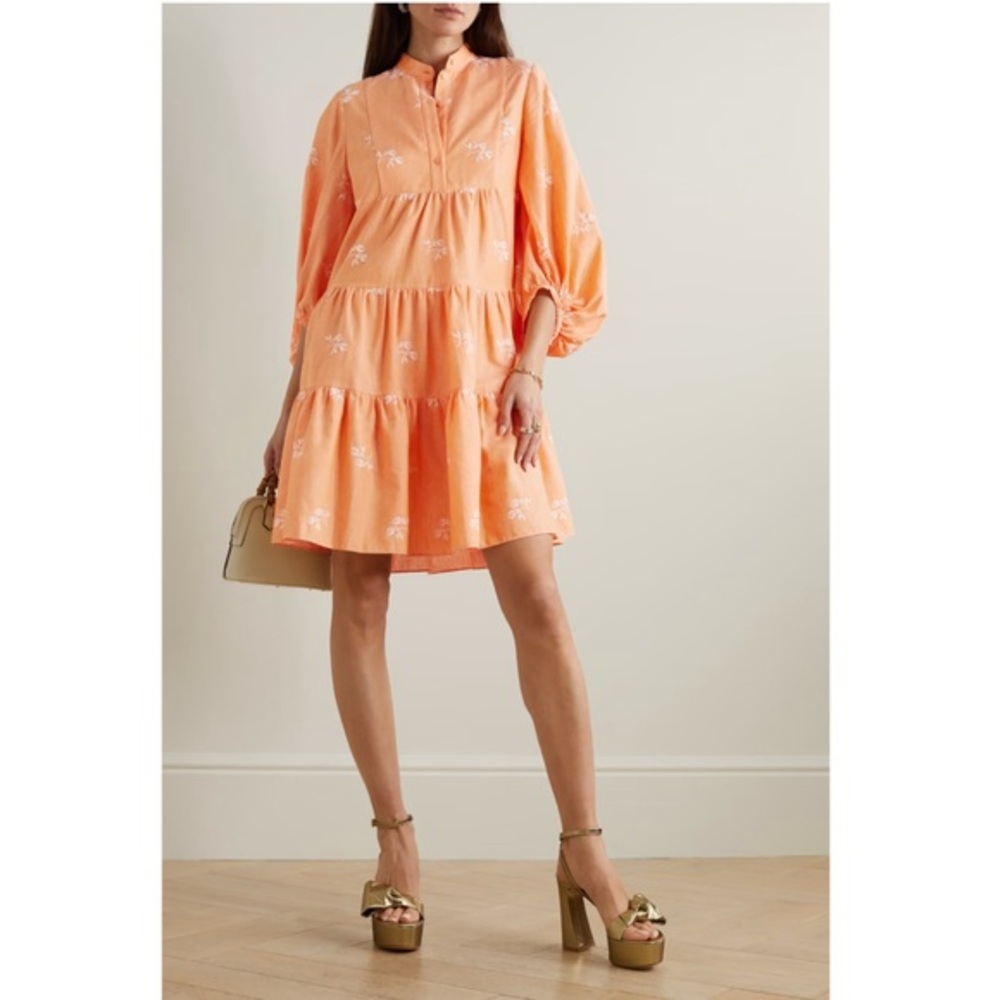 Erdem Dress Winona Mini Embroidered Cotton Gauze in Papaya Orange